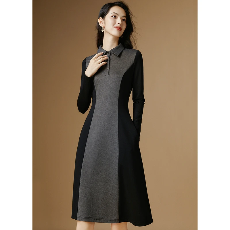 晚白时尚简约气质裙子流行显瘦翻领长袖连衣裙24050842