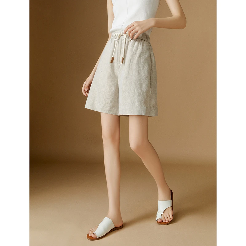 晚白夏季时尚亚麻短裤百搭纯色高腰流行显瘦阔腿休闲裤女24071065