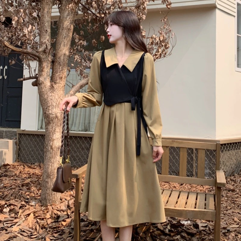 80-200斤大码胖MM秋季法式赫本风设计感假两件连衣裙收腰裙子1219