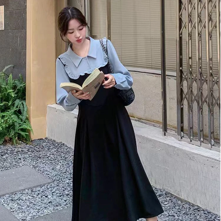 撞色设计感假两件拼接连衣裙女2024秋季新款法式轻熟风长裙1623