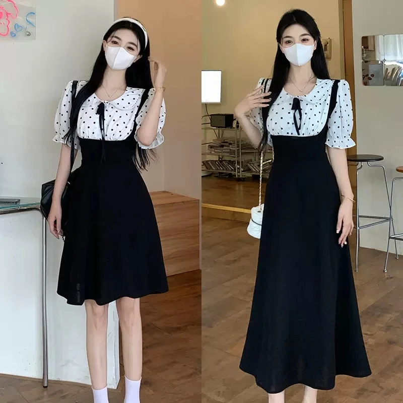 大码法式假两件娃娃领正肩短袖连衣裙夏季胖mm遮肚子显瘦长裙1500