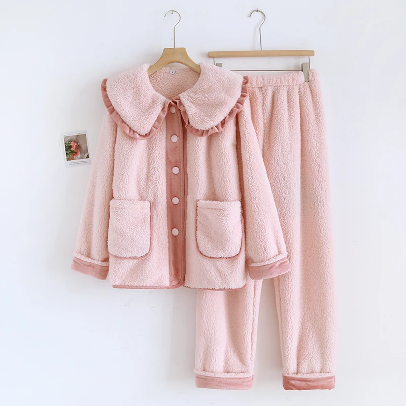 冬季法兰绒保暖加绒睡衣家居服套装甜美加厚睡衣