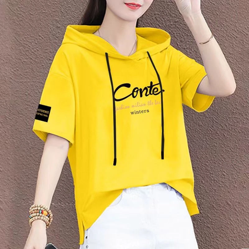 100%纯棉连帽T恤女短袖夏季t恤减龄显瘦宽松大码休闲卫衣体恤女潮