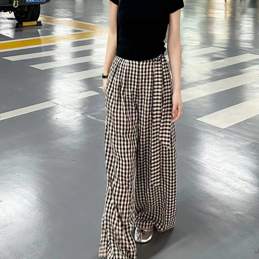 P19615Z黑白格子裤显瘦高腰直筒格子裤宽松夏季棋盘格裤子