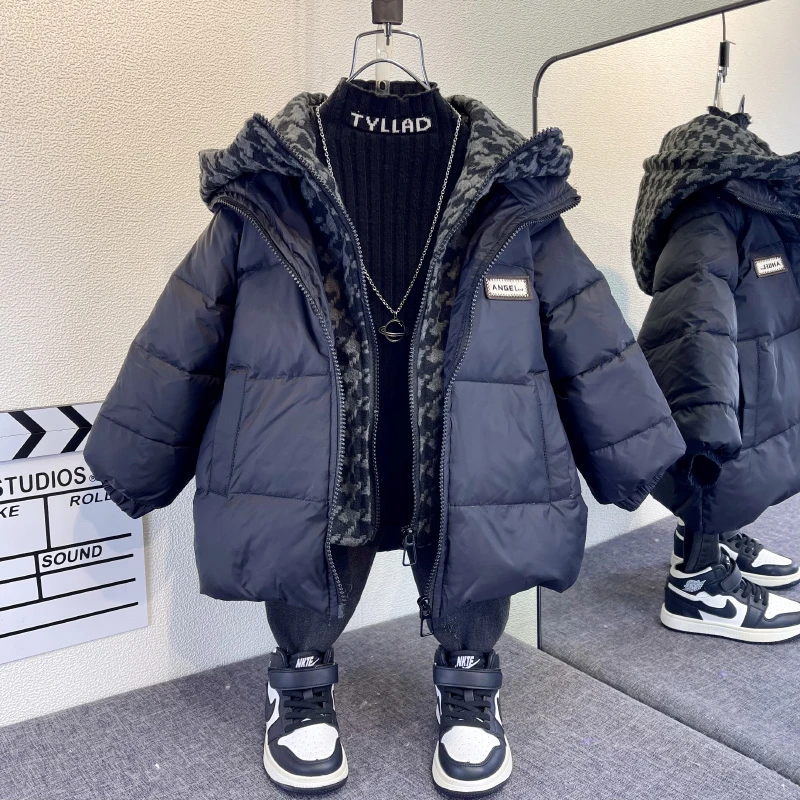 男童羽绒服冬季宝宝加厚棉衣2023新款洋气儿童冬装千鸟格棉袄外套