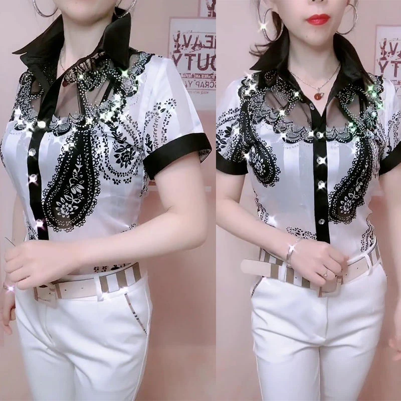 短袖雪纺衫女夏气质百搭ins衬衫碎花蕾丝拼接上衣妈妈夏装打底衫