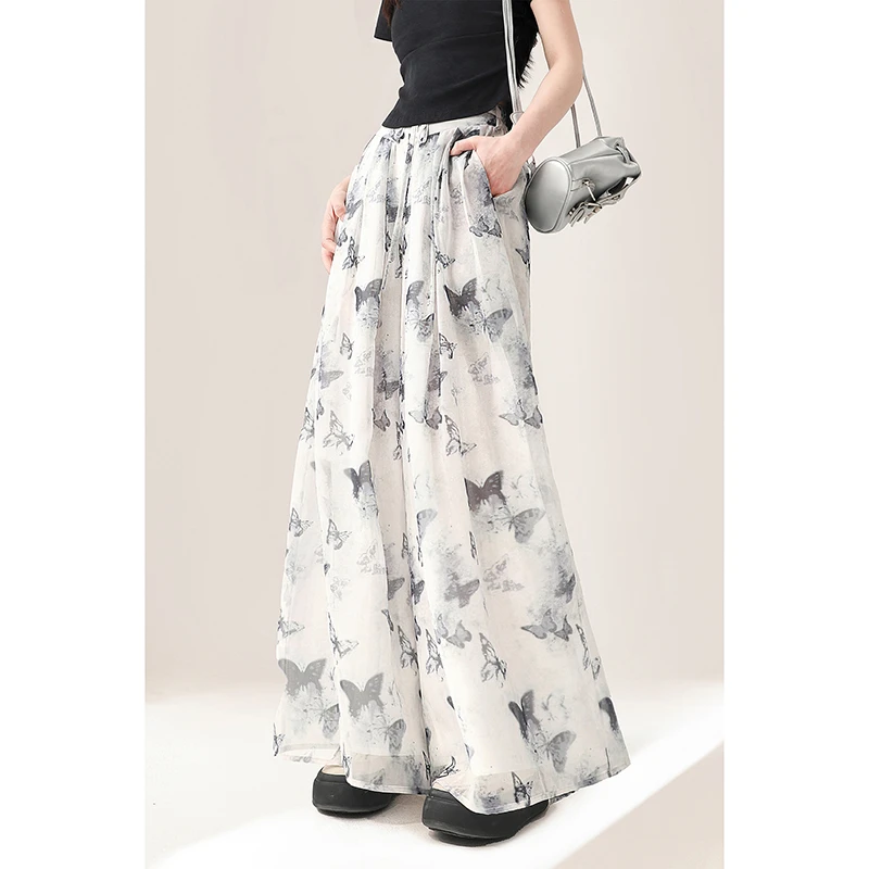 【直播间专属】新中式国风冰丝阔腿裤女夏季薄款直筒休闲拖地凉裤子