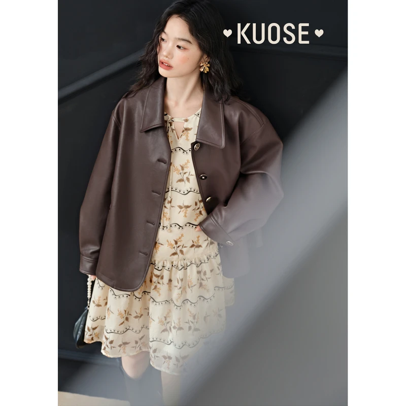 阔色皮衣夹克女2024秋季新款翻领显瘦机车服穿搭外套KSQ2407002