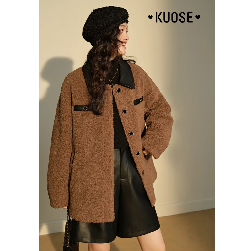 阔色棕色毛毛外套女2024秋冬新款翻领夹克毛绒上衣KSS2411001