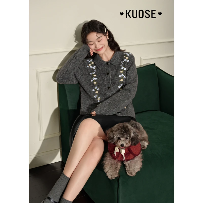 阔色加绒刺绣针织衫毛衣女2024冬新款Polo衫小个子上衣KSH2410033