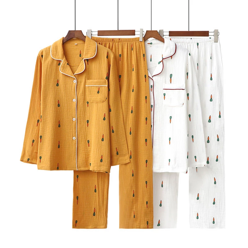 日系春秋睡衣女长袖套短袖夏装情侣薄款纯棉胡萝卜男士纱布家居服
