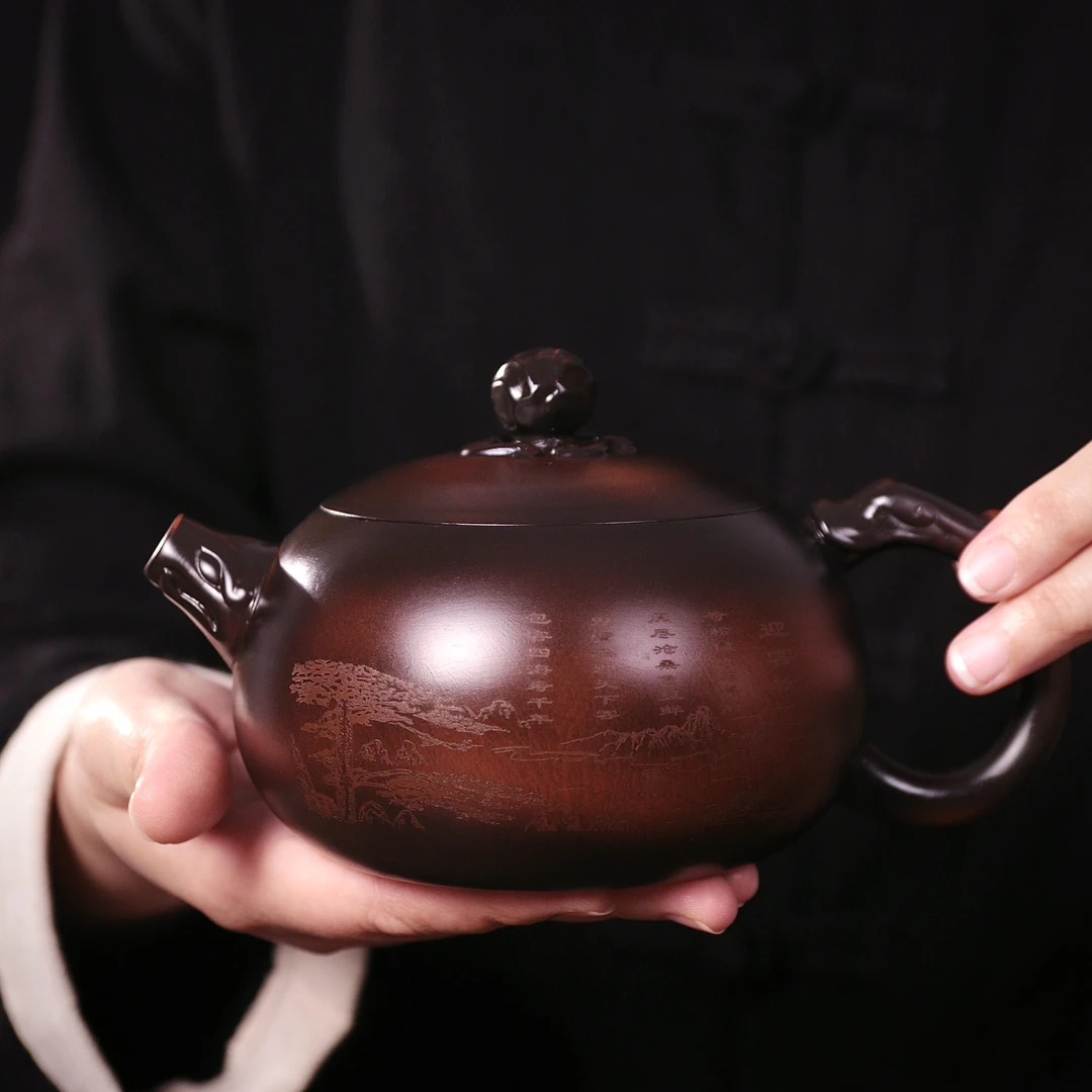 紫陶迎客松龙把西施凤鸣壶大容量中式纯手工泡茶壶复古紫砂壶S