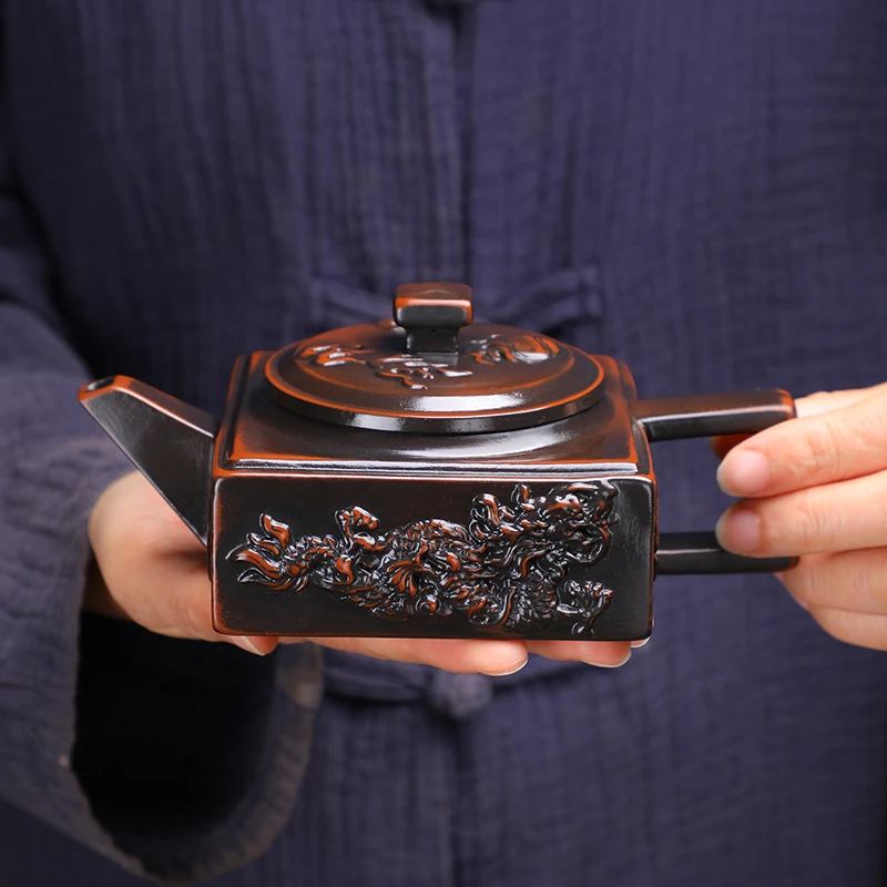 紫陶四方龙壶凤鸣壶大容量家用中式泡茶壶复古大号紫砂壶S