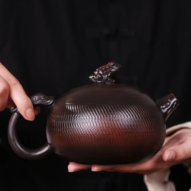 紫陶条纹金蟾凤鸣壶大容量家用中式纯手工泡茶壶复古大号紫砂壶