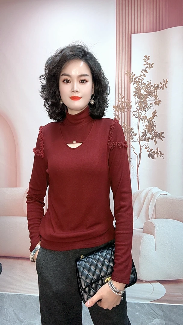 新款百搭高弹抓绒细坑条镂空小衫