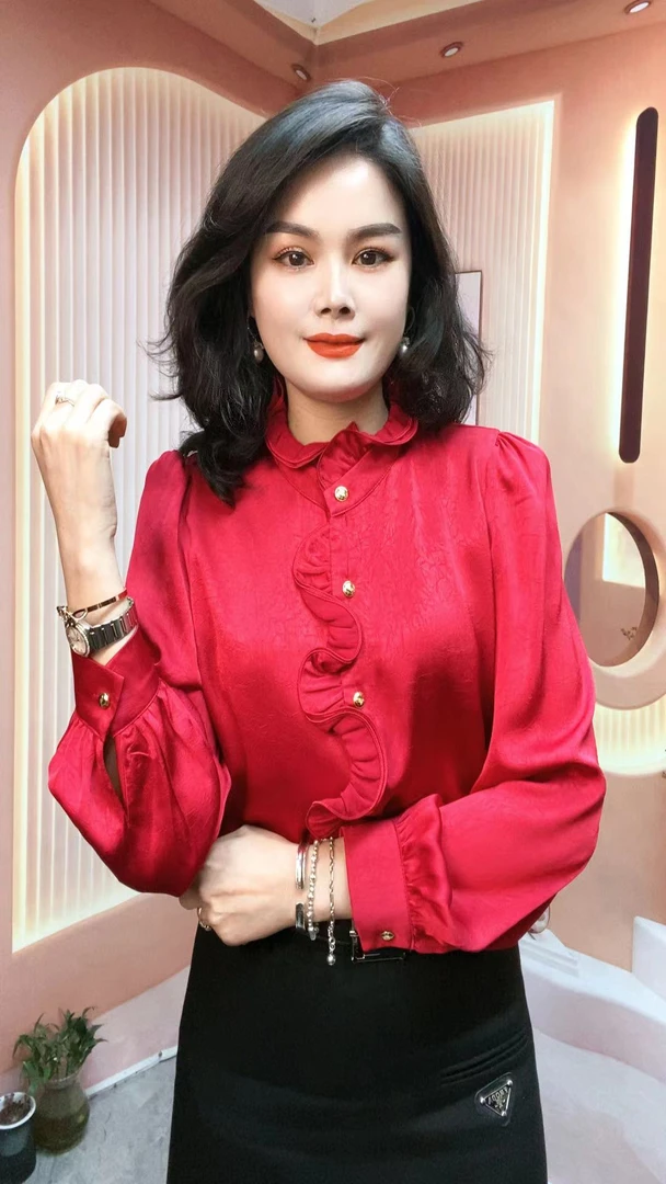 新款百搭宽松压纹不规则木耳边设计衬衫