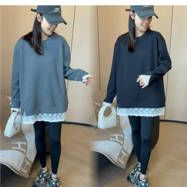 二姐的宝藏新款假两件蕾丝拼接打底上衣女显瘦长袖百搭#24455
