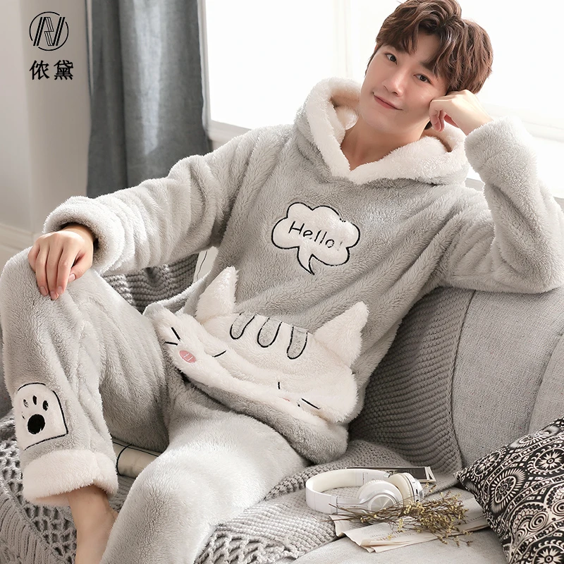 男士睡衣冬季珊瑚绒套头套装加绒新款可外穿家居服加厚保暖秋冬