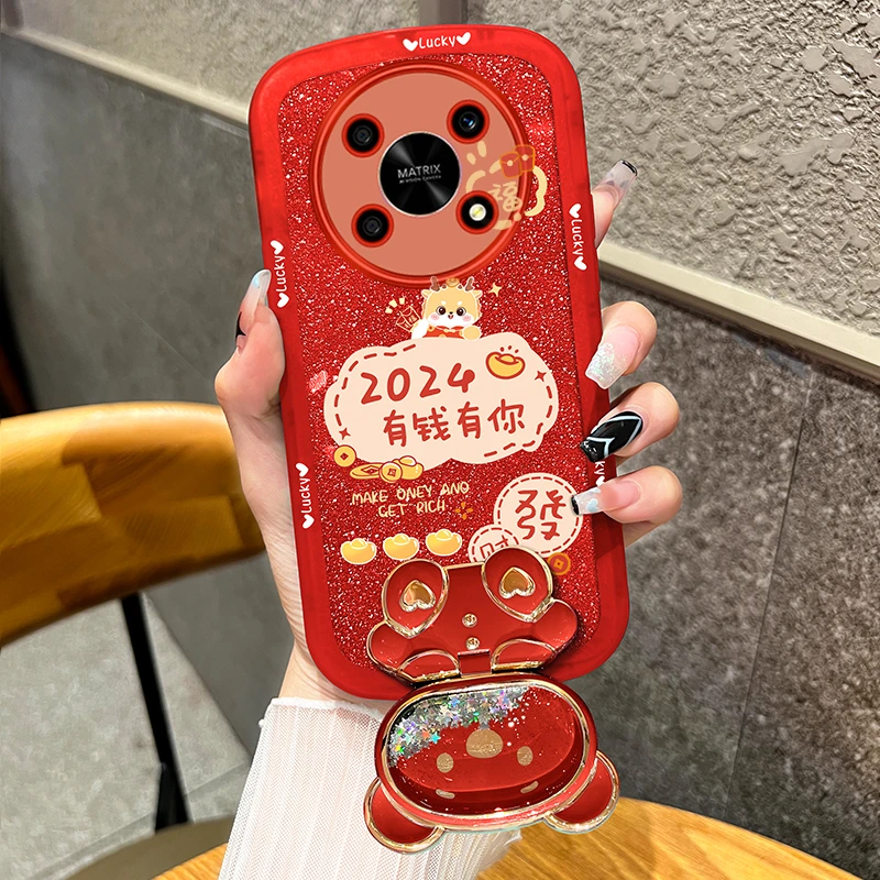 2024有钱有你适用荣耀x30手机壳透明硅胶补妆镜支架女新款防摔套