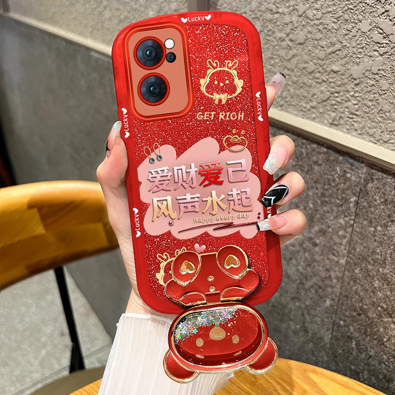 适用真我v23手机壳爱财爱己补妆镜支架透明硅胶新年款女可爱软壳