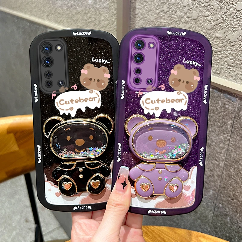 适用opporeno3pro手机壳细闪流沙熊支架透明硅胶防摔保护软壳女款