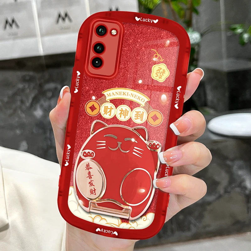 适用荣耀v30手机壳荣耀v30pro财神到透明硅胶可爱猫咪支架女防摔