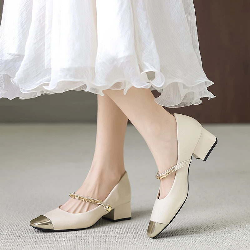 百搭粗跟单鞋一字扣玛丽珍鞋女法式浅口低跟拼色方头女鞋气质夏季