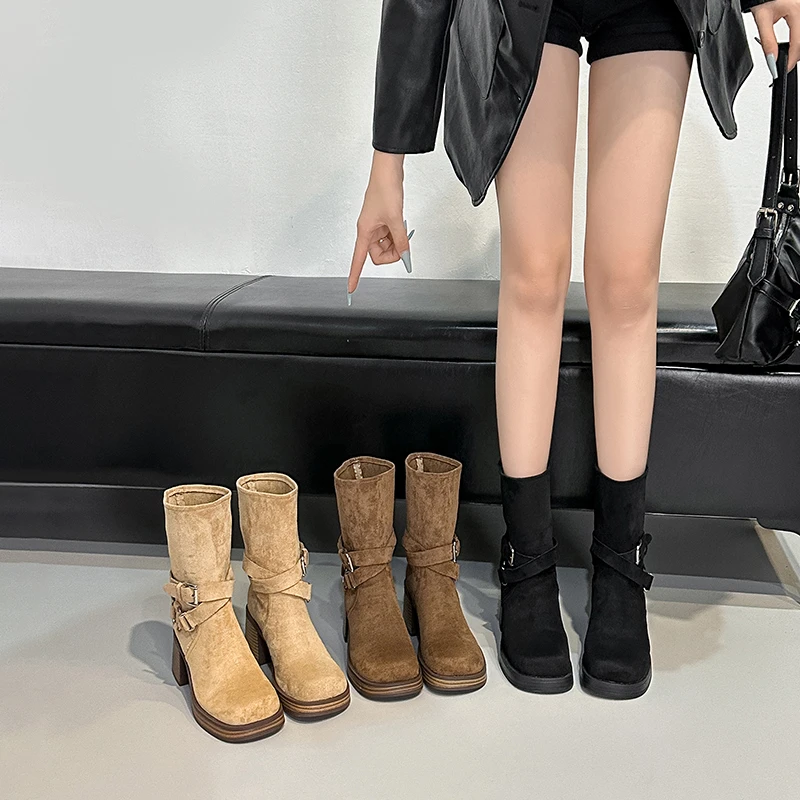 reemoor粗跟短靴女英伦风马丁靴新款厚底复古西部牛仔靴睿慕