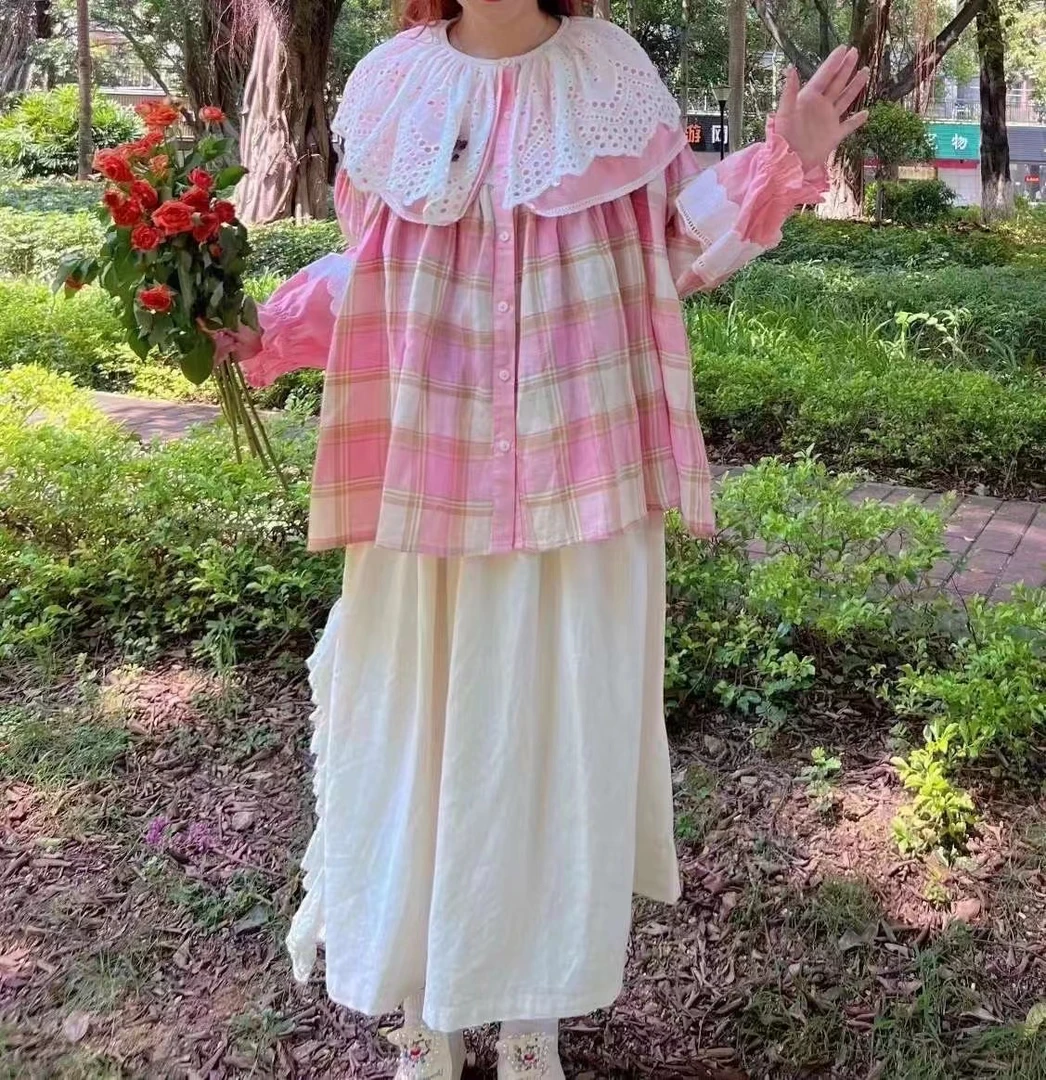 ZTJ紫藤街 24秋新日系双层领复古宫廷法式甜美格子百搭娃娃衫上衣