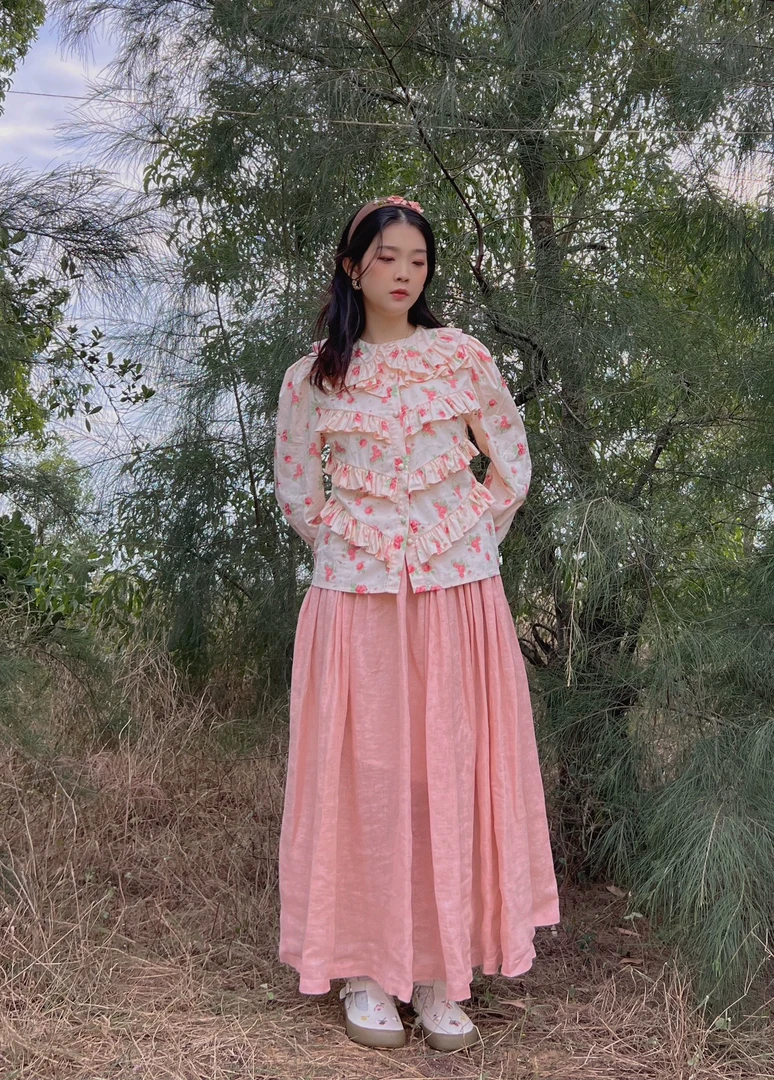 ZTJ紫藤街 春新 重工层叠花边蛋糕娃娃领小碎花田园长袖上衣女