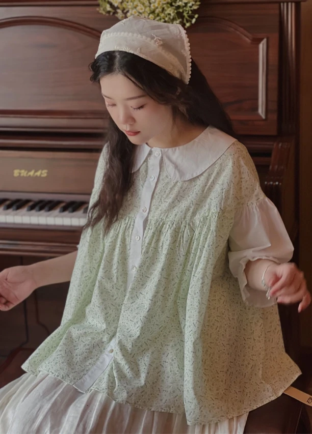 ZTJ紫藤街 夏新娃娃领宽松大版减龄田园小碎花中袖上衣森系复古