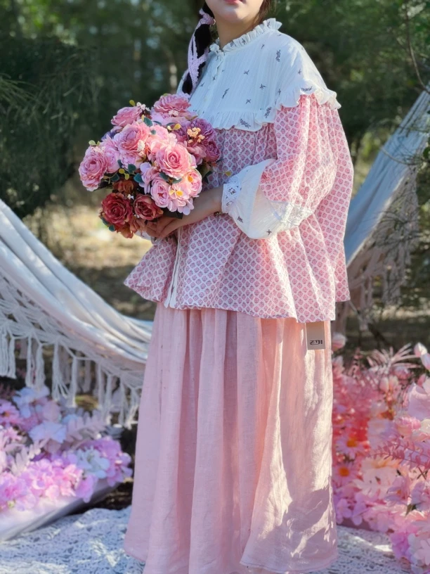 ZTJ紫藤街 日系女装新款森女系格子拼接绣花木耳边法式甜美衬衣