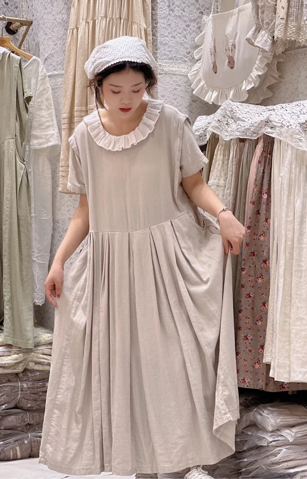 ZTJ紫藤街 2024夏季新款荷叶领清新宽松连衣裙棉麻显瘦短袖裙