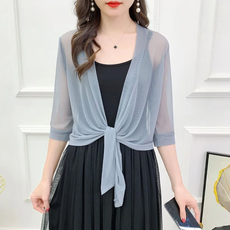 夏季薄款小披肩外搭短款网纱开衫配吊带裙的罩衫百搭宽松外套上衣