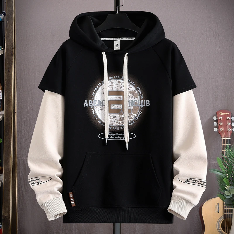 假两件潮流连帽卫衣男装春秋季休闲宽松大码百搭拼接帅气运动上衣