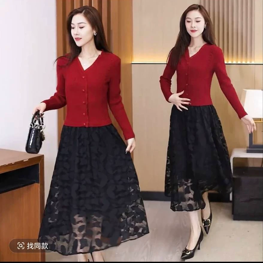 69582早秋新款连衣裙套装网红复古显瘦薄款时尚高腰夏季洋气大码