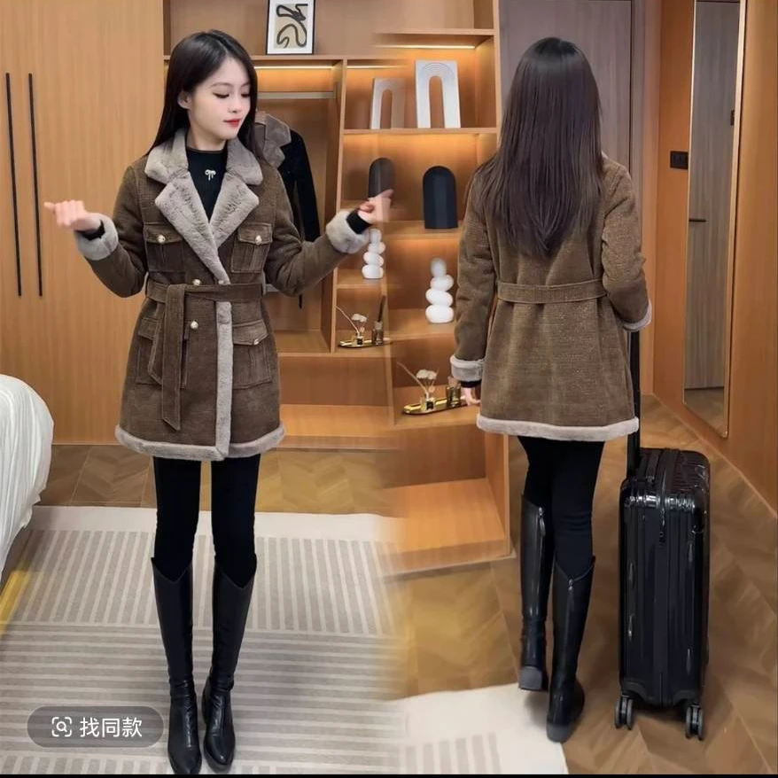 9458秋冬新款加毛外套女冬季中长款短款百搭时尚加绒休闲外套韩版