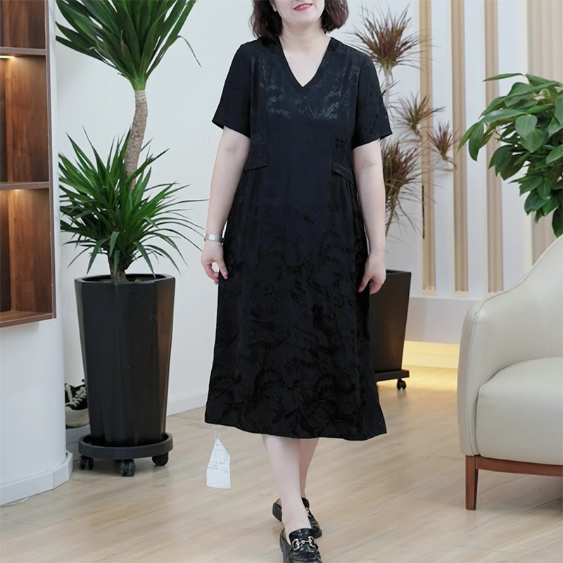 重磅龙纹提花缎面连衣裙显腰身优雅知性气质女人味大码中长过膝裙