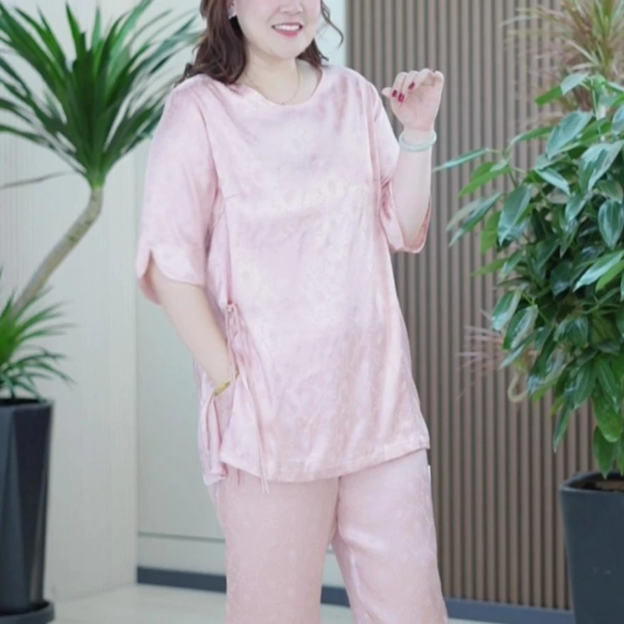 提花缎面家居服女盘扣冰凉感宽松大码舒适T恤裤子睡衣夏季新款薄
