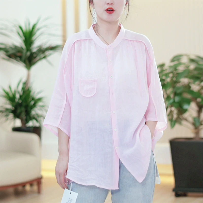 立体包边衬衫女大码显瘦时尚休闲简约苎麻文艺衬衣净版百搭开衫潮