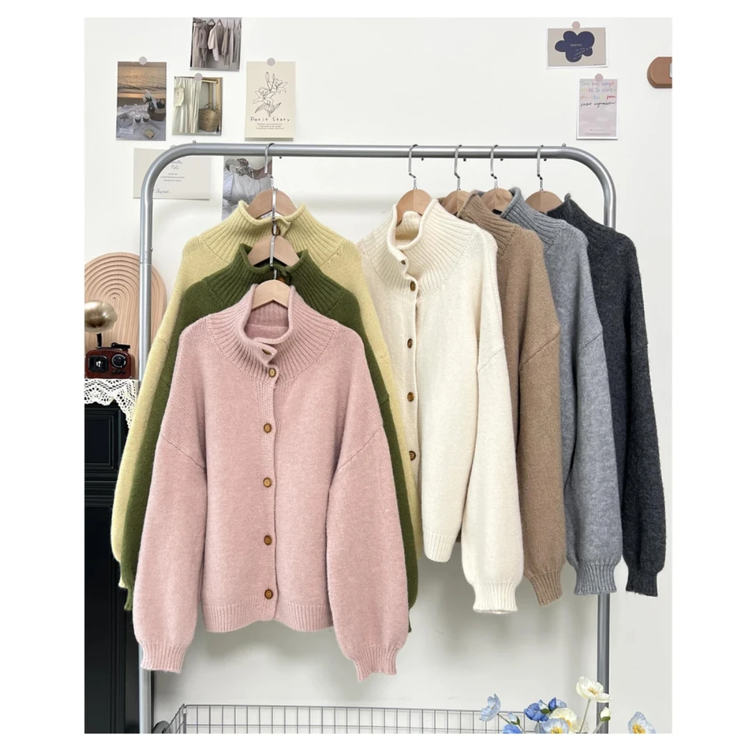 10羊毛 单排扣立领毛衣开衫外套女宽松韩版慵懒风显瘦针织衫上衣