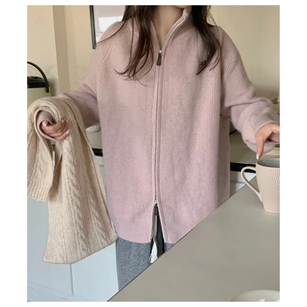 重工 双拉链高领毛衣外套女冬季慵懒风加厚保暖上衣长袖针织开衫