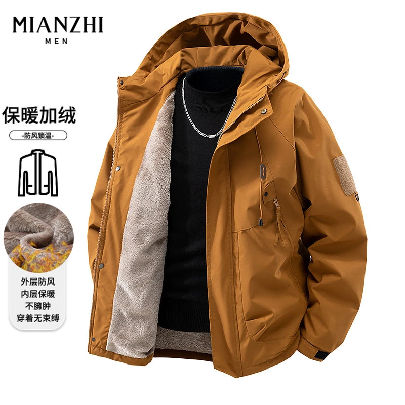 棉致美式连帽外套男士春秋季工装潮牌户外秋冬款加绒冲锋夹克外衣