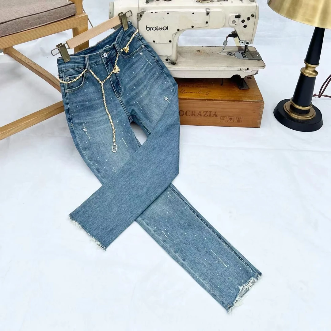 面膜裤冰爽夏季九分烟管直筒裤烫钻满天星薄款中腰显瘦高弹力9001