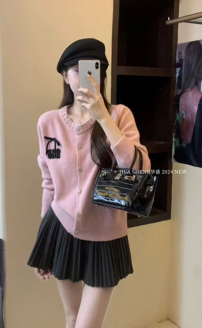 妞总家领钻针织衫3464设计感针织开衫女秋冬新款小个子毛衣外套