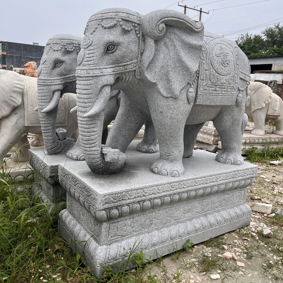 石雕大象天然花岗岩芝麻灰吉祥如意石象酒店商场别墅门口雕刻摆件