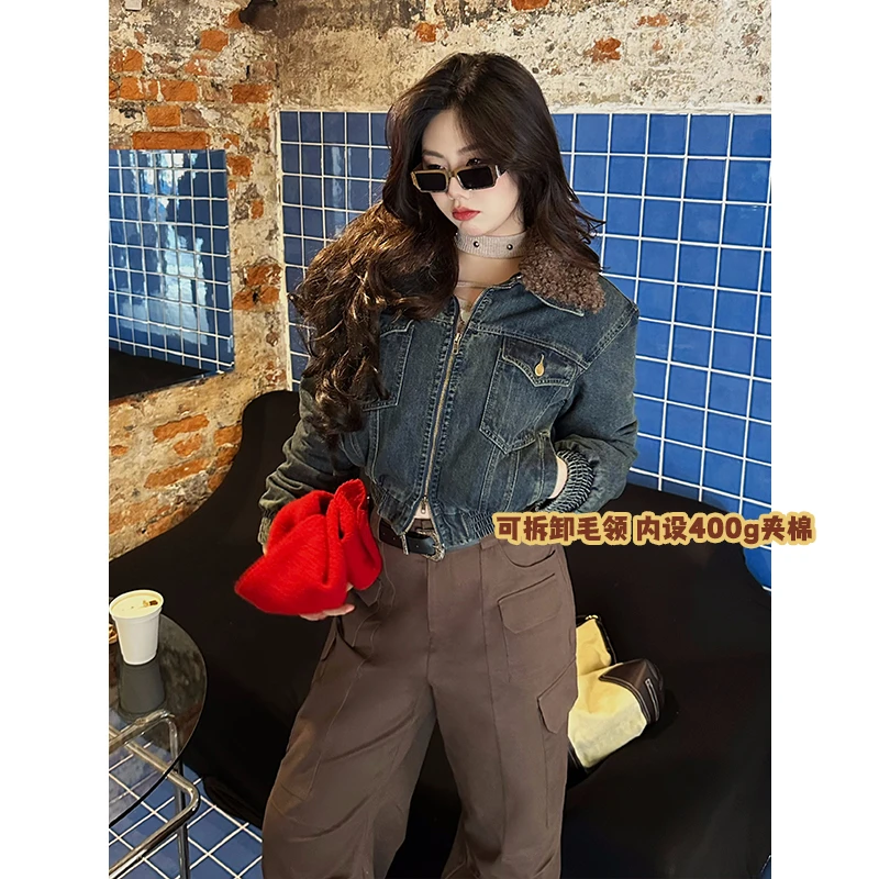 圆大敏【现货】「出街新定义」微胖MM冬季保暖短款牛仔棉服外套1242