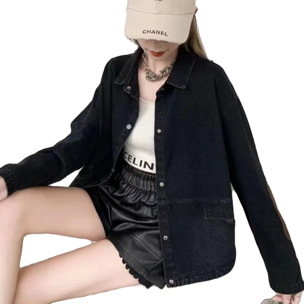 春秋新款个性女款上衣牛仔短款外套洗水做旧复古百搭宽松翻领拼接