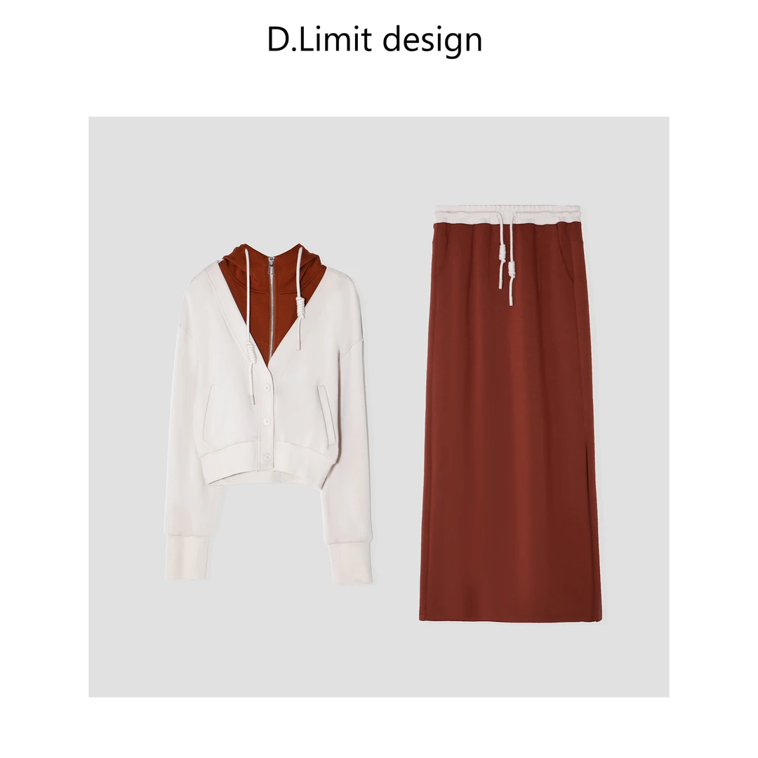 【D.Limit design】撞色假两件连帽卫衣搭半身裙套装DLSQA006