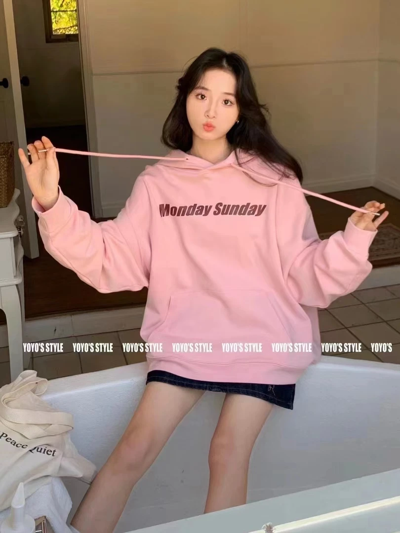 休闲慵懒雾霾蓝圆领字母宽松卫衣春秋韩版学院风减龄洋气套头上衣